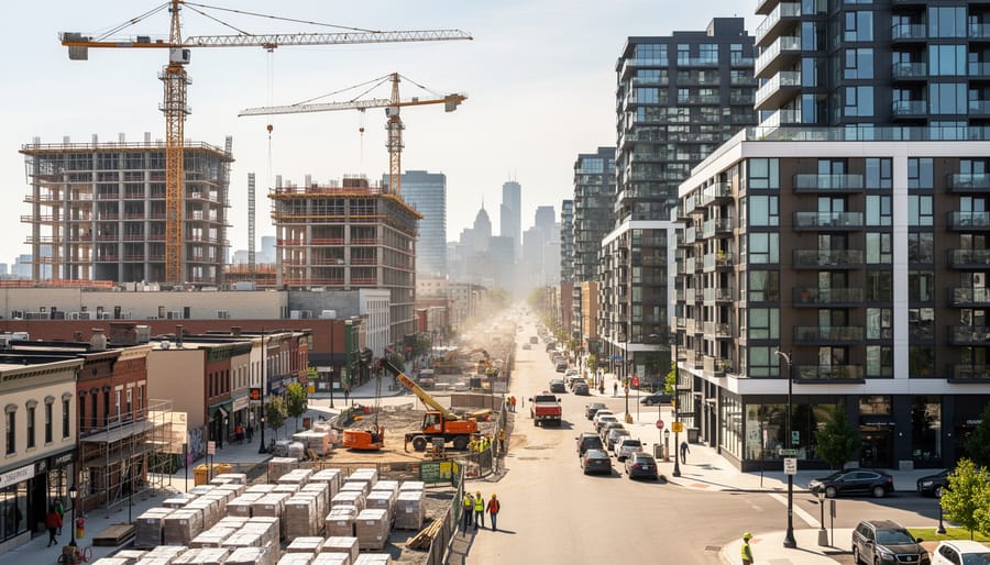 Construction site with cranes and new apartment frames at golden hour