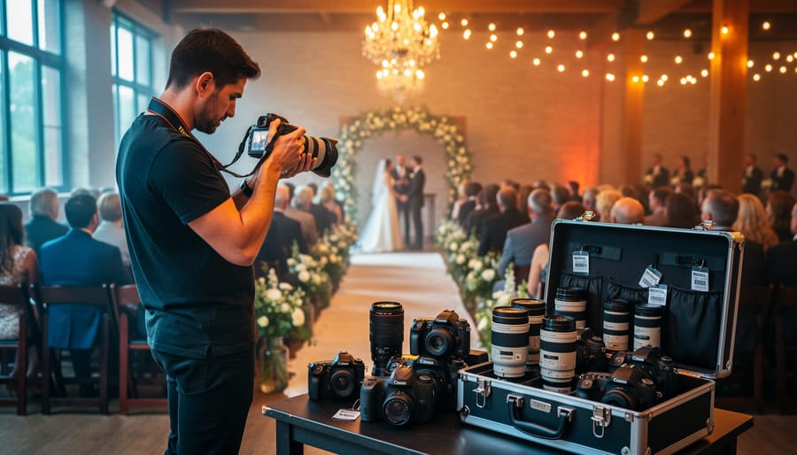 Photographer shooting a wedding ceremony at dusk with mixed sunset and venue lighting