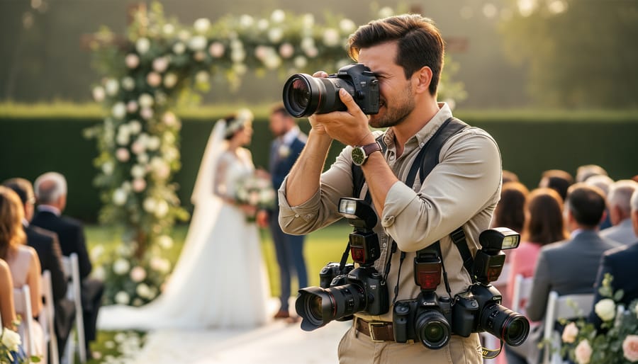 Wedding photographer kneeling and shooting a wedding couple near a venue entrance in warm golden-hour light