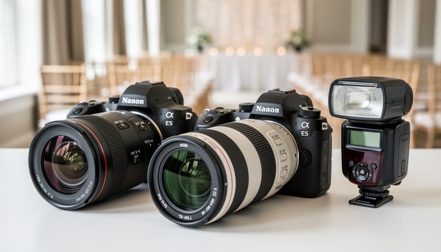 Close-up of wedding photography rental gear featuring two camera bodies, a 24–70mm lens, a 70–200mm lens, and an external flash system on a table with a softly blurred wedding venue in the background.