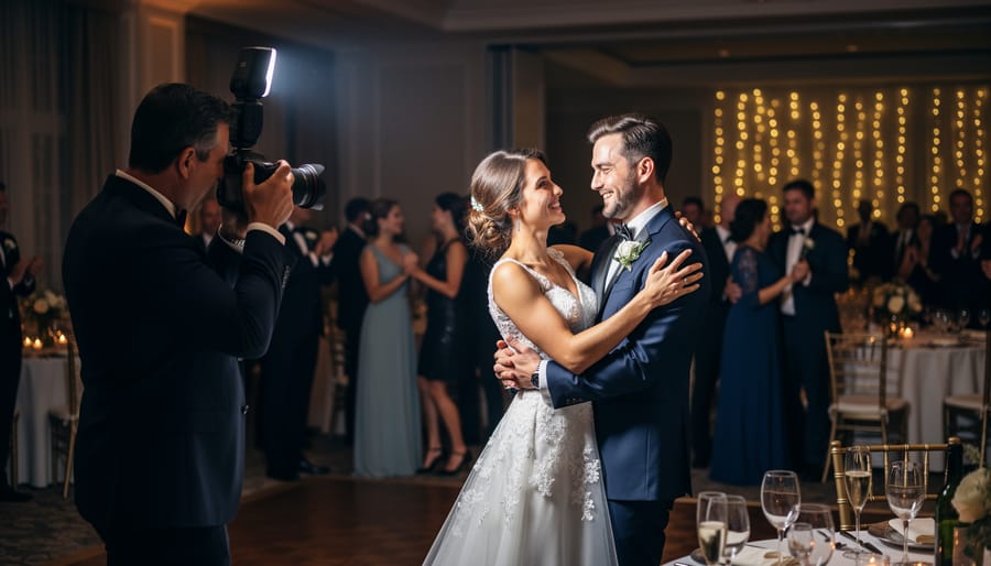 Photographer using a flash at a wedding reception dance floor with warm ambient lights and motion blur in background