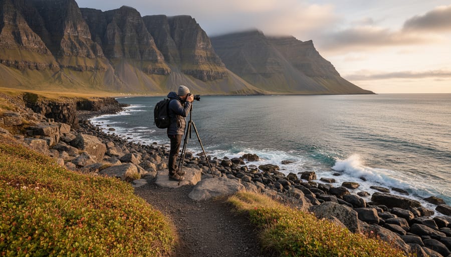 Photographer kneeling by a tripod on coastal cliffs photographing waves during golden hour.