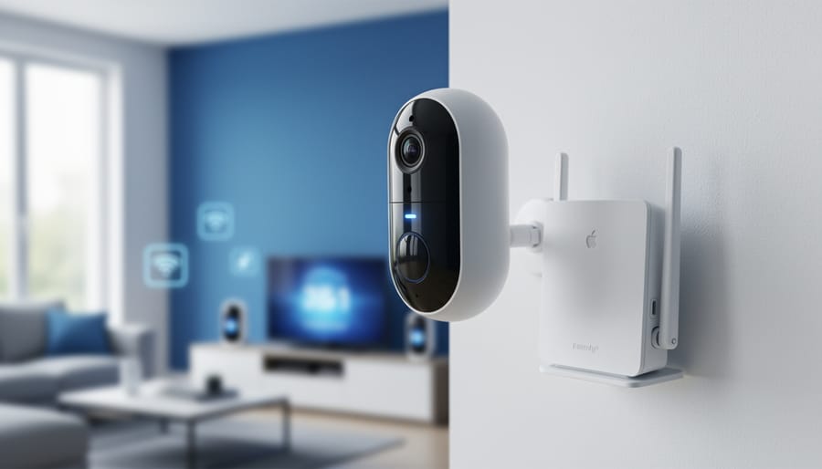 A WiFi smart security camera mounted on a wall beside a home router in a bright living room.