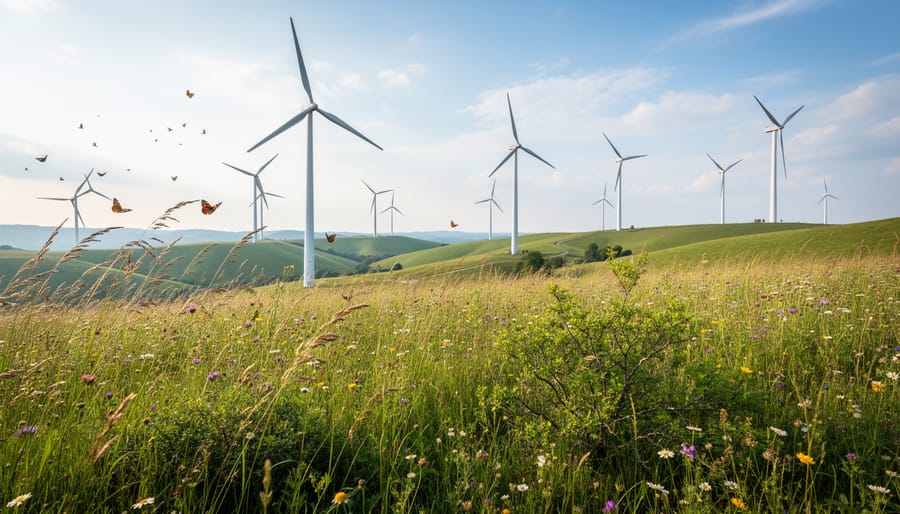 Wide landscape showing wind turbines in the distance and a conservation meadow in the foreground under an overcast sky.