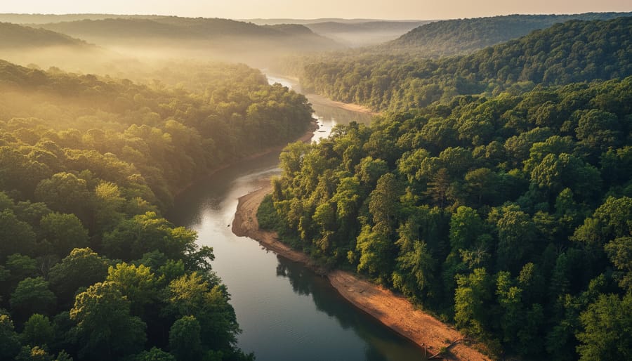Drone bird’s-eye view of a winding river flowing through dense green forest in golden hour light with misty atmosphere and deep perspective.