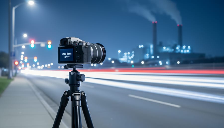 A tripod-mounted camera filming a fast-moving night street scene under cool LED lighting, with blurred bokeh lights and a distant industrial backdrop suggesting sustainable manufacturing.